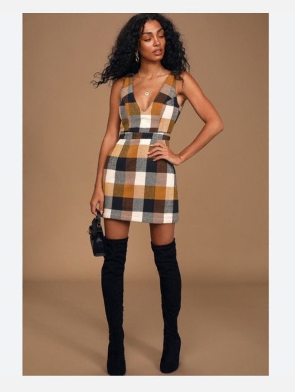 En Saison Patchwork Plaid V-back Dress